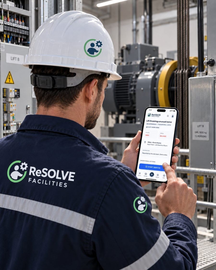 Técnico junto ao equipamento a consultar um pedido no telemóvel