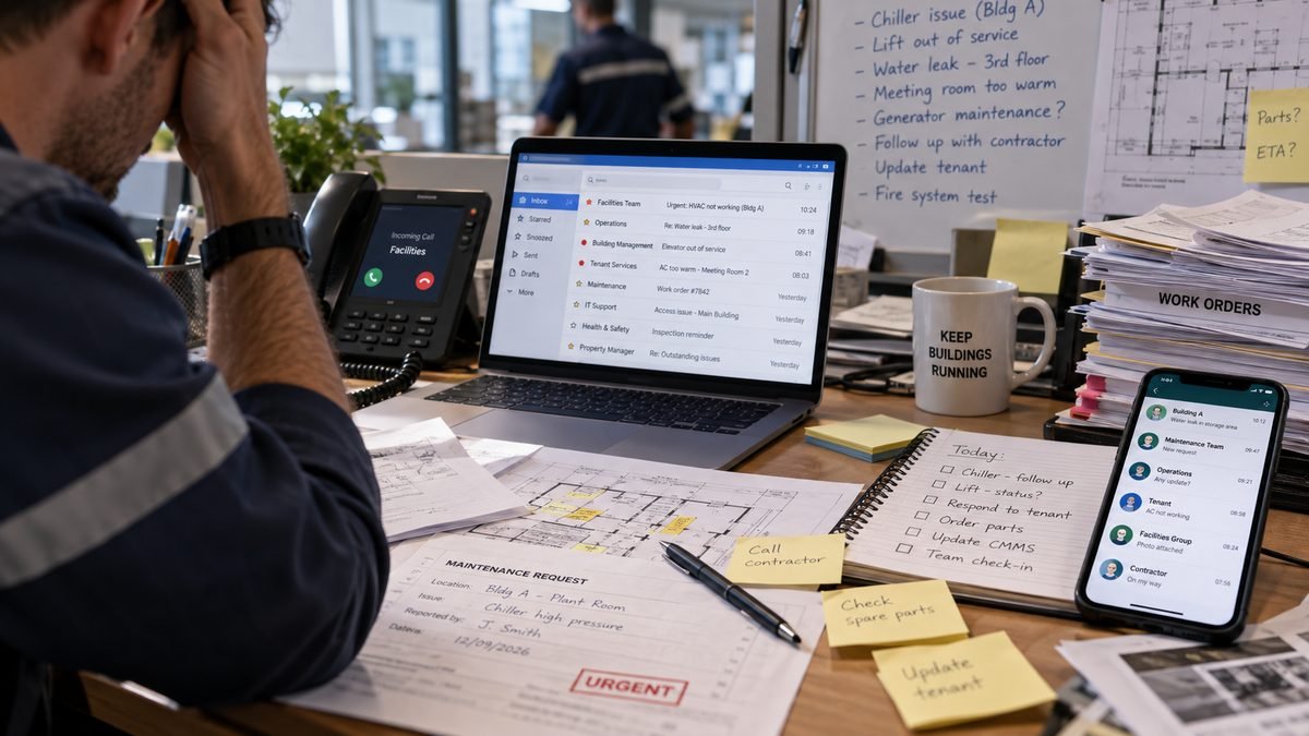 Secretária com emails, post-its, telefone e ordens de trabalho em papel